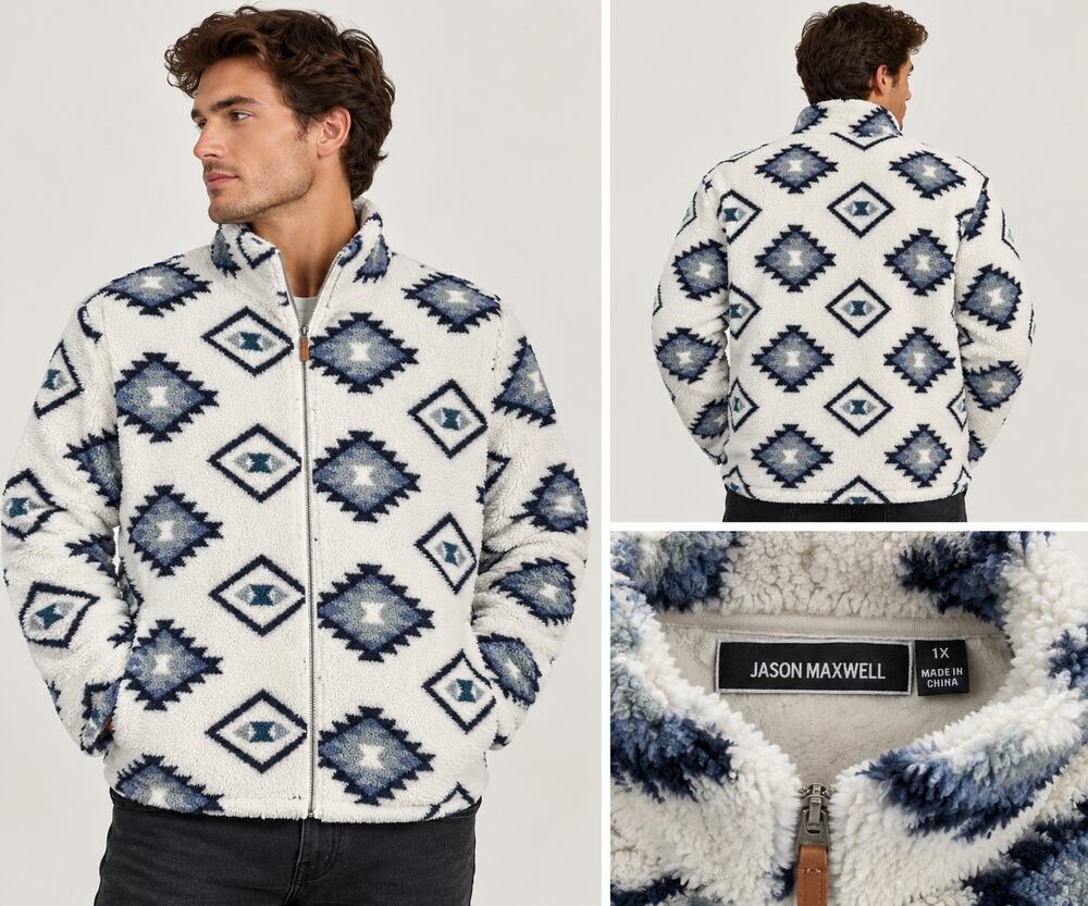 Jason Maxwell Women’s 1X Cream Blue Aztec Sherpa Fleece Full Zip Jacket